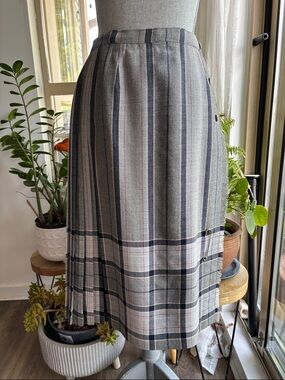 Vintage Gray Plaid Midi Skirt with Navy and Red Pinstripes
